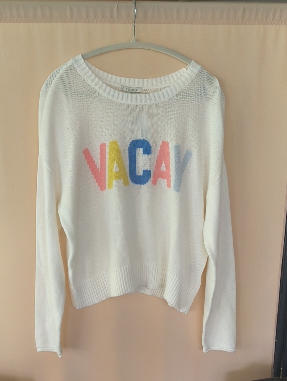 NWT Z Supply White Crew Sweater with Pastel VACAY Letters Size M